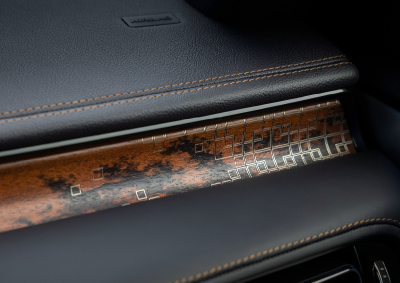 A close-up shot of the 2025 Lincoln Aviator® dashboard with unique black and brown accents, and brown stitching. | Dorsch Lincoln in Green Bay WI